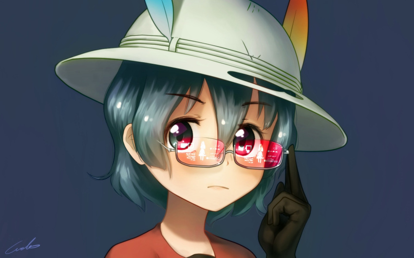 1girl adjusting_eyewear black_eyes black_gloves commentary_request eyebrows_visible_through_hair face gloves green_hair hair_between_eyes hat hat_feather heads-up_display kaban_(kemono_friends) kemono_friends looking_at_viewer red_glasses red_shirt semi-rimless_eyewear serious shirt short_hair signature simple_background solo under-rim_eyewear welt_(kinsei_koutenkyoku)