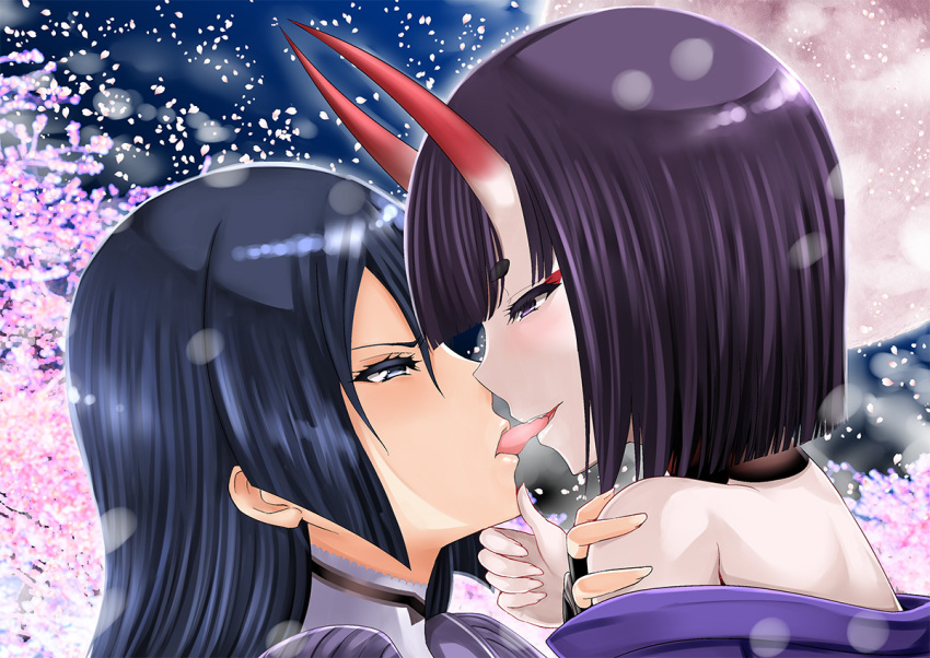 2girls bangs blush bob_cut fate/grand_order fate_(series) minamoto_no_raikou_(fate/grand_order) multiple_girls oni oni_horns open_mouth parted_bangs purple_hair shima-shuu short_eyebrows short_hair shuten_douji_(fate/grand_order) tongue tongue_grab tongue_out violet_eyes yuri