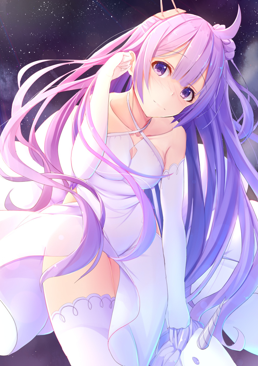 1girl ahoge azur_lane bangs bare_shoulders blush breasts closed_mouth collarbone commentary_request criss-cross_halter dress elbow_gloves eyebrows_visible_through_hair gloves hair_ornament halterneck hand_up highres leaning_forward long_hair looking_at_viewer medium_breasts purple_hair side_bun solo standing stuffed_unicorn tatapopo thigh-highs unicorn_(azur_lane) very_long_hair violet_eyes white_dress white_gloves white_legwear