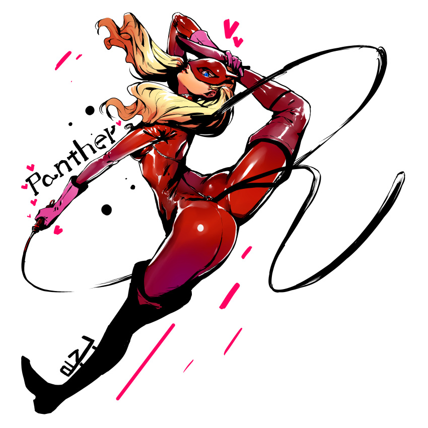 1girl absurdres ass blonde_hair blue_eyes bodysuit boots breasts from_behind gloves highres long_hair looking_at_viewer looking_back mask medium_breasts persona persona_5 red_bodysuit shiny simple_background solo split tail takamaki_anne thigh-highs thigh_boots twintails whip white_background