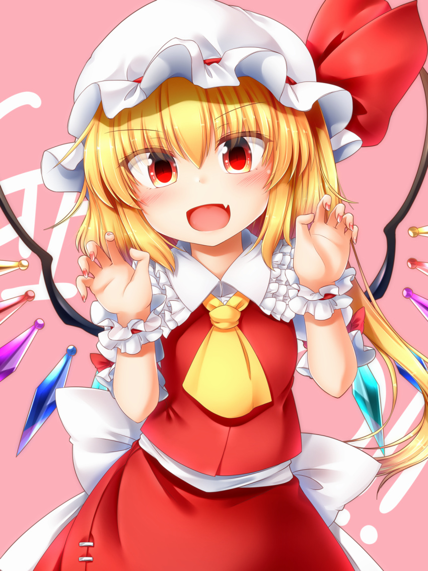 1girl ascot bangs blonde_hair claw_pose eyebrows_visible_through_hair fang fingernails flandre_scarlet frills hands_up hat hat_ribbon highres looking_at_viewer m9kndi mob_cap open_mouth pink_background puffy_short_sleeves puffy_sleeves red_eyes red_skirt ribbon short_sleeves simple_background skirt skirt_set solo touhou vest white_hat wings wrist_cuffs yellow_neckwear