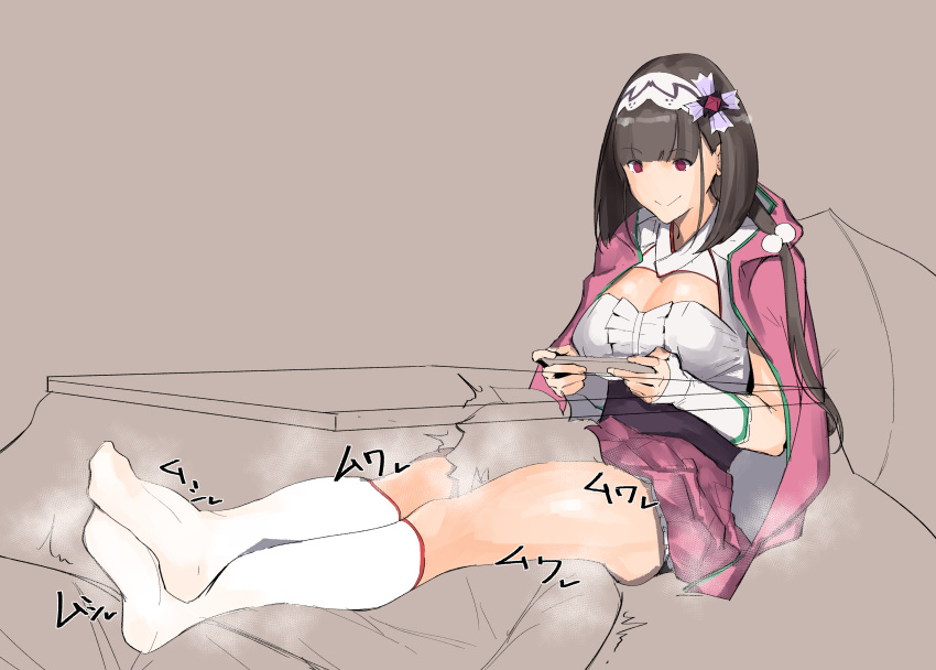 1girl absurdres bangs between_legs black_hair breasts brown_background cleavage commentary_request eyebrows_visible_through_hair fate/grand_order fate_(series) hair_ornament hairband highres jikatarou kotatsu large_breasts long_hair osakabe-hime_(fate/grand_order) playing_games sitting sketch skirt smile socks steam table under_kotatsu under_table white_legwear