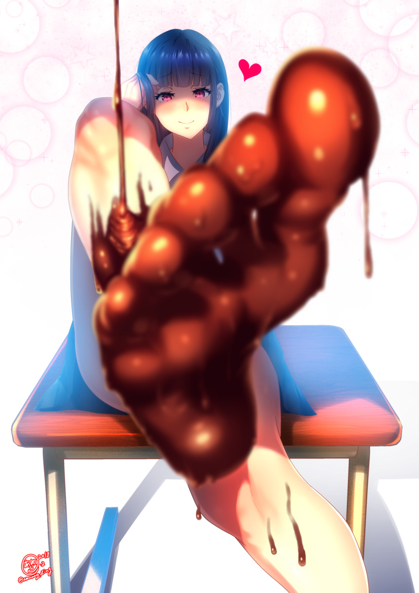 1girl adjusting_hair bangs bare_legs black_hair blunt_bangs blurry chocolate closed_mouth dated depth_of_field desk eyebrows_visible_through_hair feet food_on_body heart highres k.ty_(amejin) leg_up long_hair looking_at_viewer on_desk original pouring school_desk shadow signature soles solo star toes valentine violet_eyes white_background