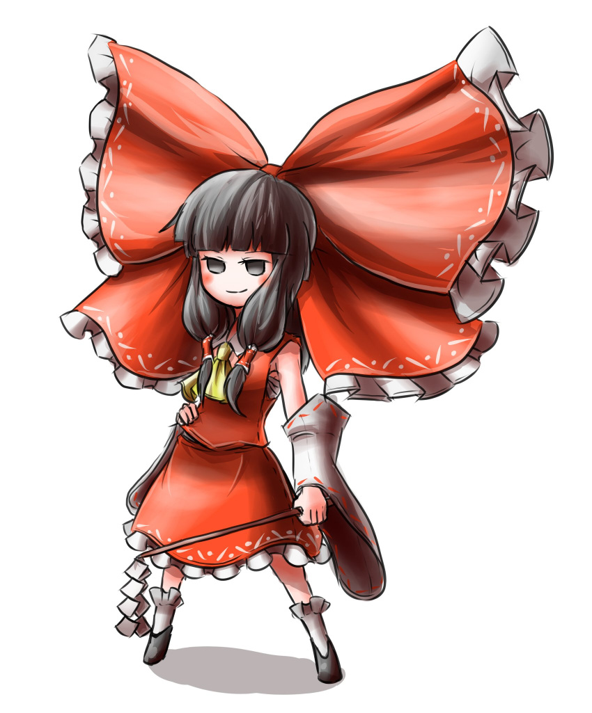 1girl ascot bare_shoulders black_hair blush bow commentary_request frilled_bow frilled_skirt frills grey_eyes hair_bow hair_tubes hakurei_reimu hand_on_hip highres long_sleeves peroponesosu. red_bow red_skirt red_vest sarashi sidelocks skirt smile standing touhou vest white_sleeves wide_sleeves yellow_ascot