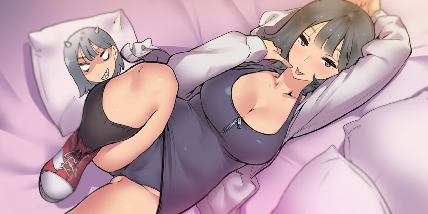 1girl :p arm_up black_dress black_hair black_panties breasts cleavage dress harabacho_(gkfkqkch1) hood hoodie large_breasts leg_up looking_at_viewer lying on_back open_clothes open_hoodie original panties pillow short_hair solo tongue tongue_out underwear violet_eyes