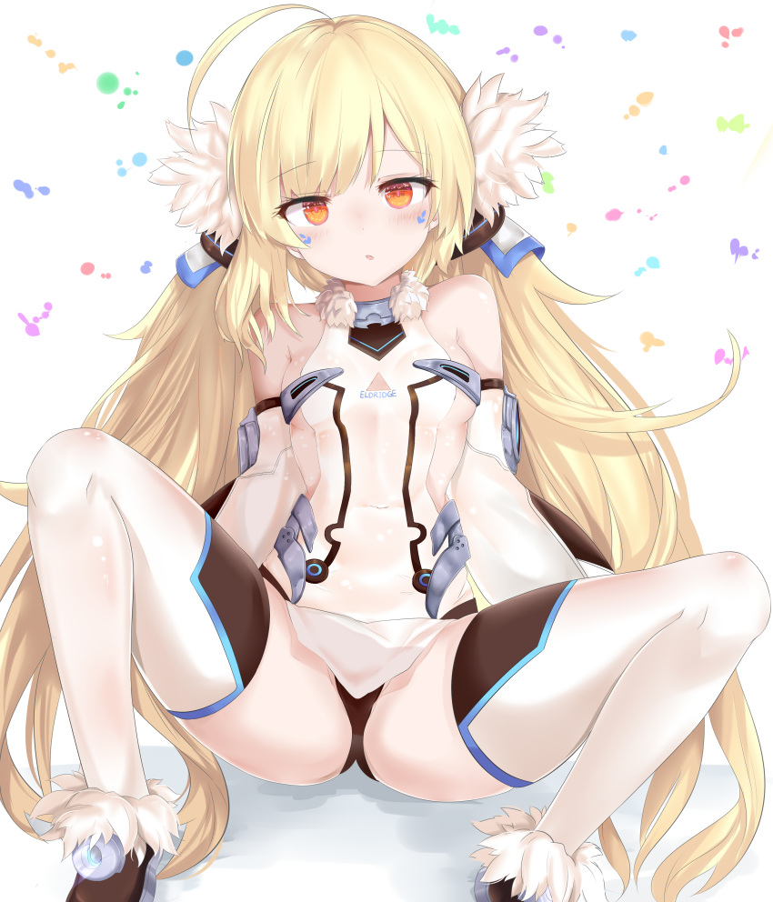 1girl :o absurdres ahoge arms_at_sides ass azur_lane bangs bare_shoulders black_panties blonde_hair blush breasts character_name crotch detached_sleeves dress eldridge_(azur_lane) eyebrows_visible_through_hair facial_mark fur-trimmed_boots fur_trim groin hair_ornament hairclip head_tilt highres long_hair looking_at_viewer microdress navel open_mouth panties parted_lips red_eyes ru_zhai side_slit sidelocks simple_background sitting small_breasts solo spread_legs thigh-highs thighs twintails underwear very_long_hair white_legwear