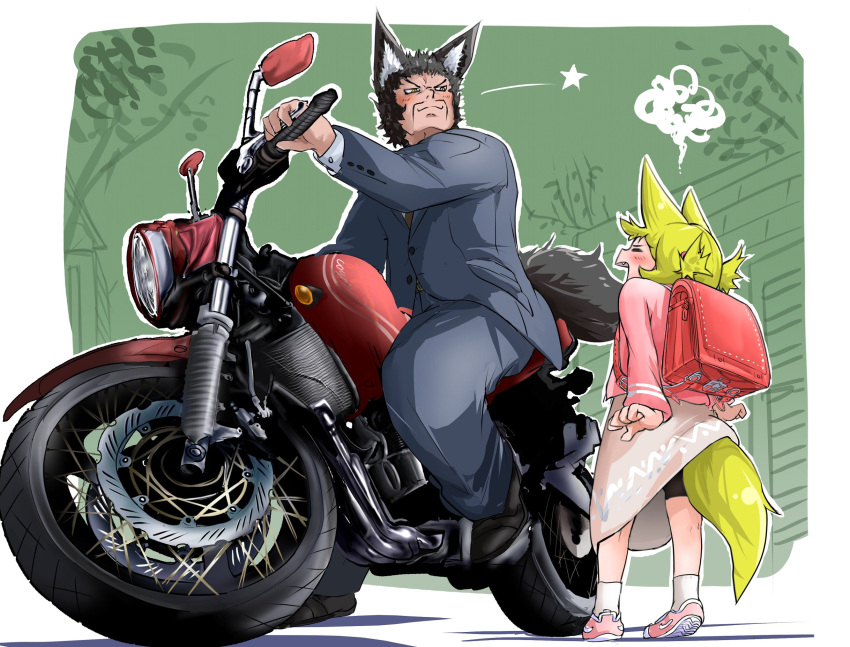 1boy 1girl animal_ears backpack bag bike_shorts black_hair blonde_hair blue_jacket blue_pants blush brown_eyes child closed_eyes commentary_request doitsuken father_and_daughter fox_ears fox_tail green_background ground_vehicle highres jacket long_sleeves motor_vehicle motorcycle open_mouth original pants pink_footwear pink_shirt pink_skirt randoseru riding shirt shoes sitting skirt smile socks squiggle tail white_legwear