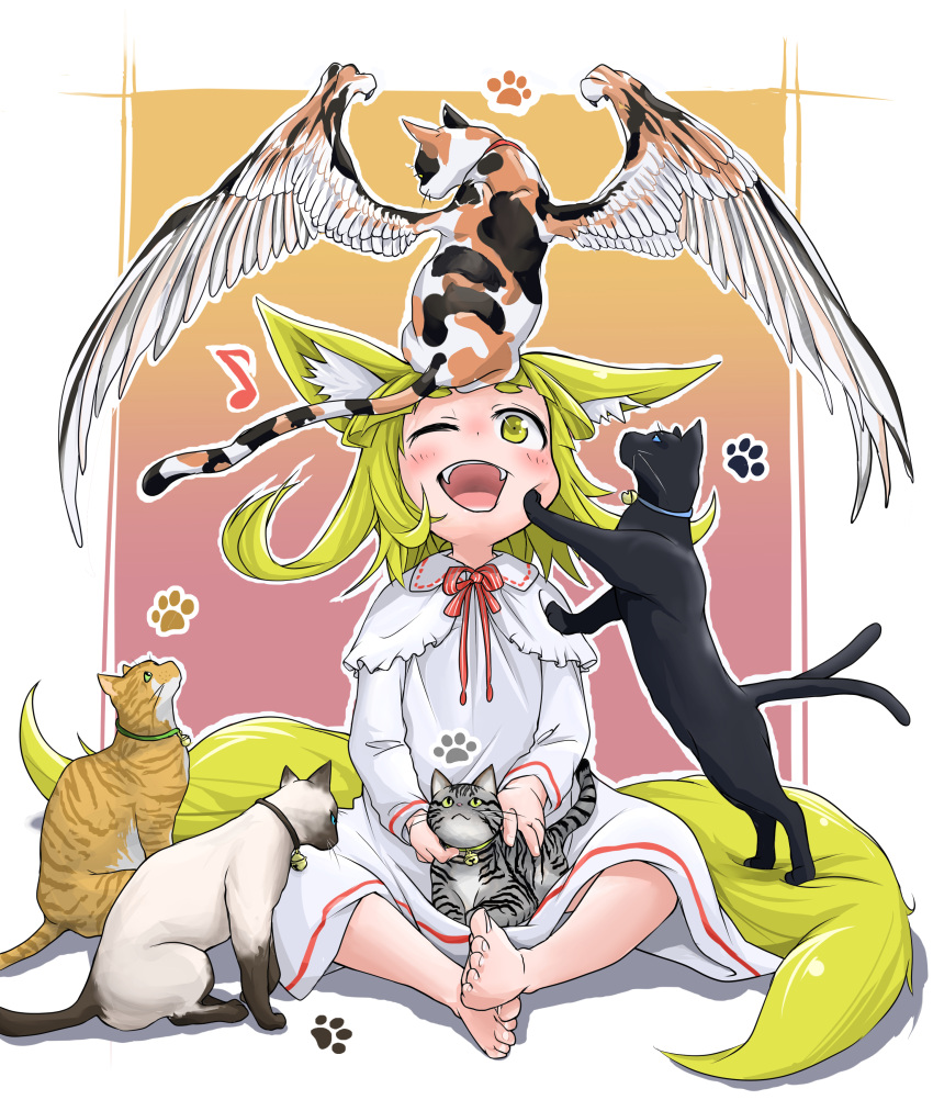 1girl :d absurdres animal_ears bangs barefoot blonde_hair blunt_bangs capelet cat cat_focus commentary_request doitsuken dress fox fox_ears fox_tail gradient gradient_background highres indian_style long_sleeves looking_at_viewer multiple_tails musical_note neck_ribbon on_lap one_eye_closed open_mouth original paw_print ribbon short_hair sitting smile solo tail two_tails white_capelet white_dress white_ribbon wings yellow_eyes