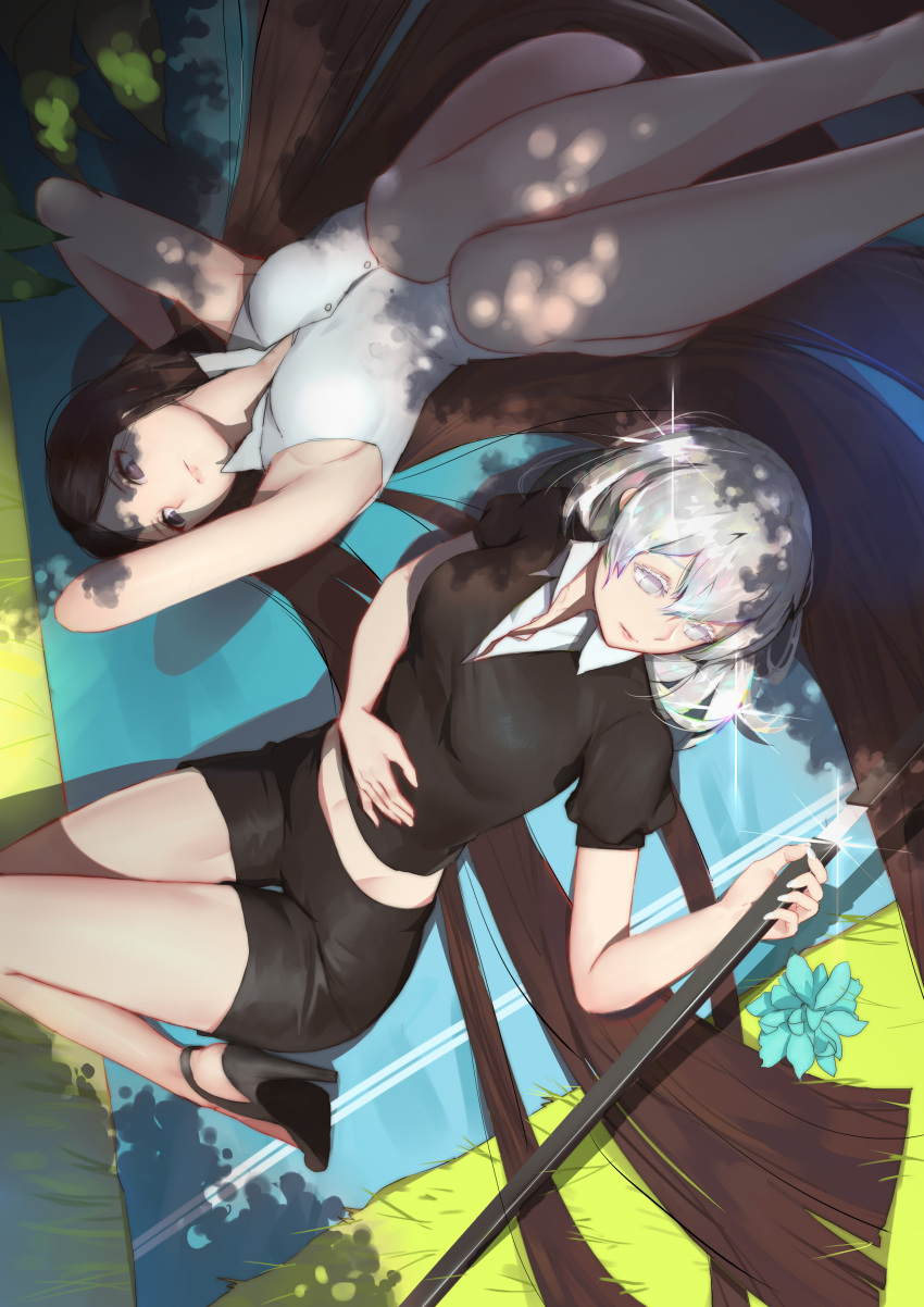 2girls absurdres arms_behind_head bent_knees black_eyes black_hair black_shorts breasts day high_heels highres holding holding_weapon houseki_no_kuni katana long_hair looking_away lying marchtl7 midriff multiple_girls on_back outdoors shadow shirt short_shorts shorts sword weapon white_eyes white_hair white_shirt