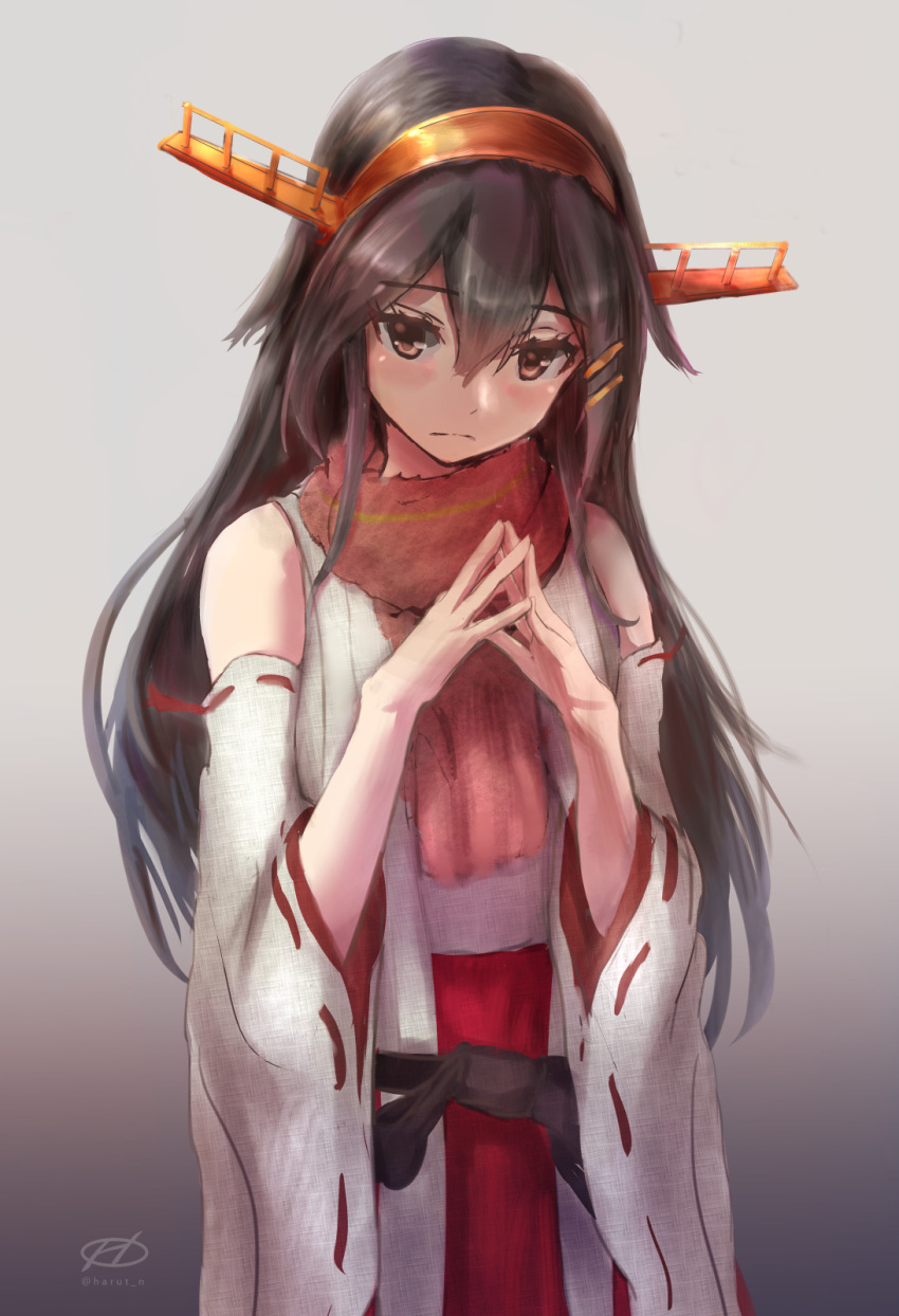 1girl bangs bare_shoulders black_hair blush breasts brown_eyes brown_hair closed_mouth detached_sleeves eyebrows_visible_through_hair fingers_together gradient gradient_background hair_between_eyes hair_ornament hairband hairclip haruna_(kantai_collection) haruto_(harut_n) headgear highres japanese_clothes kantai_collection large_breasts long_hair looking_at_viewer multiple_girls nontraditional_miko open_mouth remodel_(kantai_collection) sash scarf sidelocks signature simple_background skirt smile solo thigh-highs twitter_username