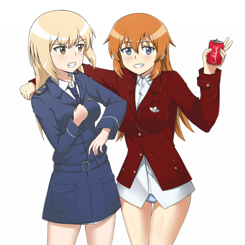 2girls blonde_hair can charlotte_e_yeager marian_e_carl muhammad_azhar multiple_girls orange_hair soda_can strike_witches world_witches_series