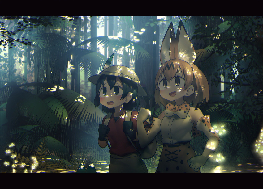 2girls :d animal_ears backpack bag bangs bare_shoulders black_eyes black_gloves black_hair blush bow bowtie commentary_request d: elbow_gloves forest gloves grey_hat grey_shorts harau hat_feather helmet high-waist_skirt highres kaban_(kemono_friends) kemono_friends letterboxed lucky_beast_(kemono_friends) multiple_girls nature open_mouth orange_eyes orange_hair orange_neckwear orange_skirt outdoors pith_helmet red_shirt serval_(kemono_friends) serval_ears serval_print shirt short_hair short_sleeves shorts skirt smile tree white_gloves