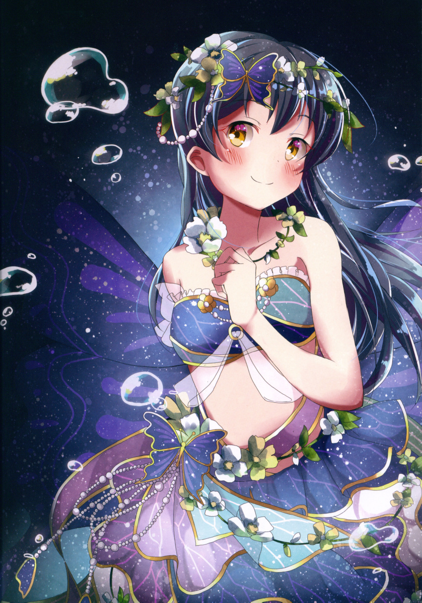 1girl absurdres bangs bare_shoulders blue_hair blush butterfly butterfly_hair_ornament butterfly_wings closed_mouth dress eyebrows_visible_through_hair flower frills hair_between_eyes hair_flower hair_ornament highres long_hair looking_at_viewer love_live! love_live!_school_idol_festival love_live!_school_idol_project midriff niwasane_(saneatsu03) scan smile solo sonoda_umi strapless strapless_dress underwater wings yellow_eyes