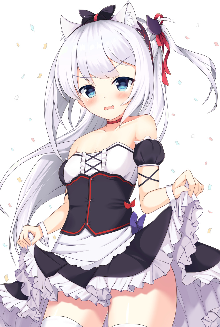 1girl animal_ears arms_at_sides azur_lane bangs bare_shoulders black_bow black_dress blue_eyes blush bow breasts cat_ears cat_hair_ornament choker cleavage collarbone confetti cowboy_shot cross-laced_clothes detached_sleeves dress eyebrows_visible_through_hair fang frilled_dress frills hair_bow hair_ornament hair_ribbon hairband hammann_(azur_lane) highres kyuujou_komachi lifted_by_self long_hair looking_at_viewer one_side_up open_mouth parted_lips puffy_short_sleeves puffy_sleeves red_choker red_ribbon remodel_(azur_lane) ribbon short_sleeves silver_hair skirt skirt_hold skirt_lift small_breasts solo thigh-highs v-shaped_eyebrows very_long_hair white_background white_hair white_legwear zettai_ryouiki