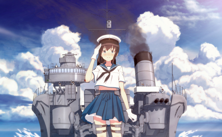 1girl 6+boys alternate_costume black_eyes black_hair black_neckwear blue_sailor_collar blue_skirt blue_sky cannon clouds cowboy_shot fubuki_(kantai_collection) giantess gloves hat kantai_collection key_kun looking_at_viewer machinery multiple_boys neckerchief outdoors pleated_skirt sailor_collar sailor_hat salute school_uniform serafuku sidelocks skirt sky smile smokestack solo_focus standing turret underskirt white_gloves white_hat