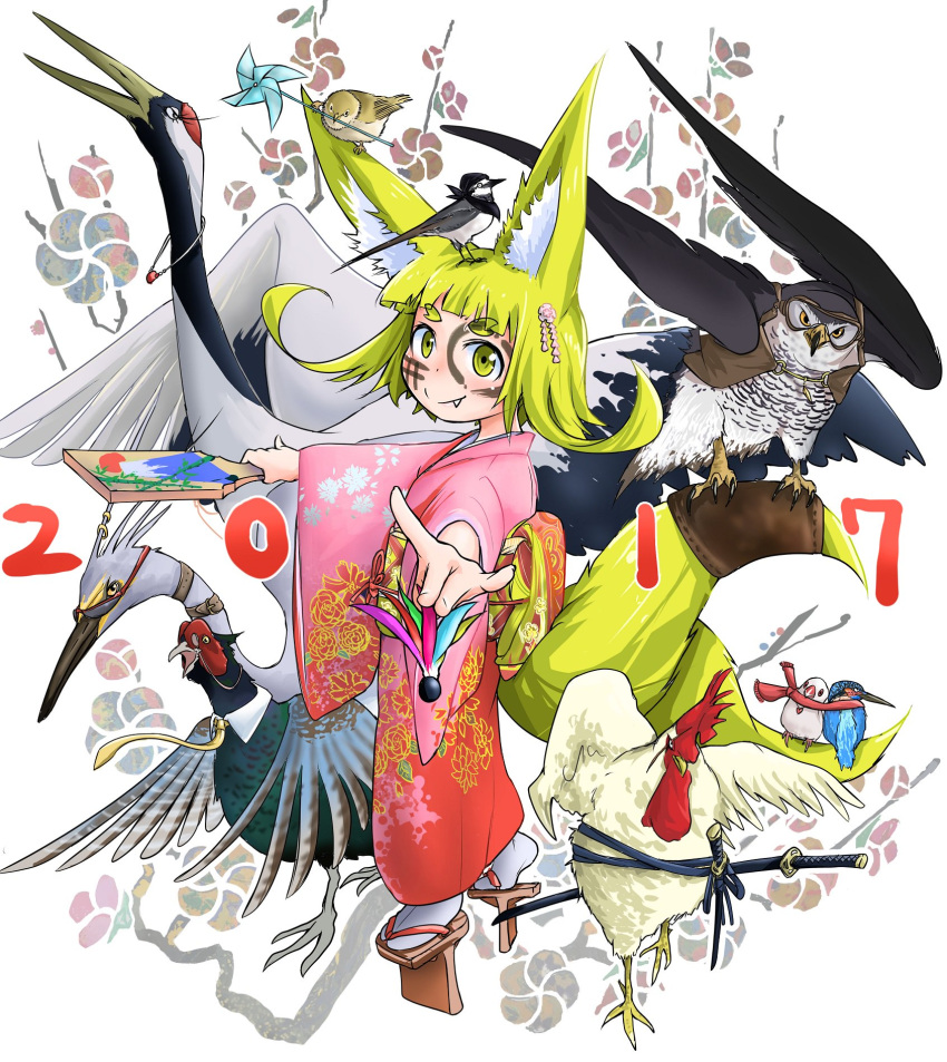 2017 animal animal_on_head bandanna bangs bird bird_on_head bird_request blonde_hair blunt_bangs brown_jacket chicken clothed_animal commentary_request crane detached_collar doitsuken eyebrows_visible_through_hair facepaint fang fang_out floral_print fox_shadow_puppet geta goggles hagoita hair_ornament highres holding jacket japanese_clothes jewelry katana kimono long_sleeves looking_at_viewer mouth_hold necklace necktie obi on_head original paddle pink_kimono red_scarf rooster sash scarf shared_scarf short_eyebrows short_hair smile standing sunglasses sword tabi tengu-geta thick_eyebrows weapon white_legwear wide_sleeves yellow_neckwear