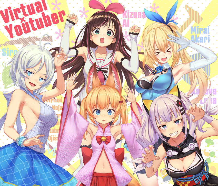 &gt;_&lt; 5girls :d :o animal_ears antenna_hair bare_shoulders bell blonde_hair blue_eyes breasts brown_hair character_name claw_pose cleavage cleavage_cutout closed_eyes commentary_request dennou_shoujo_youtuber_shiro detached_sleeves elbow_gloves flower fox_ears gloves green_eyes grin guchico hair_ornament hair_ribbon hairband hairclip jingle_bell kaguya_luna kaguya_luna_(character) kemomimi_vr_channel kizuna_ai lavender_hair long_hair looking_at_viewer medium_breasts mikoko_(kemomimi_vr_channel) mirai_akari mirai_akari_project multiple_girls navel obi open_mouth rectangular_mouth ribbon sailor_collar sash scrunchie shiro_(dennou_shoujo_youtuber_shiro) shirt short_hair side_ponytail skirt sleeveless sleeveless_shirt smile teeth twintails virtual_youtuber white_gloves white_hair wide_sleeves wrist_scrunchie xd