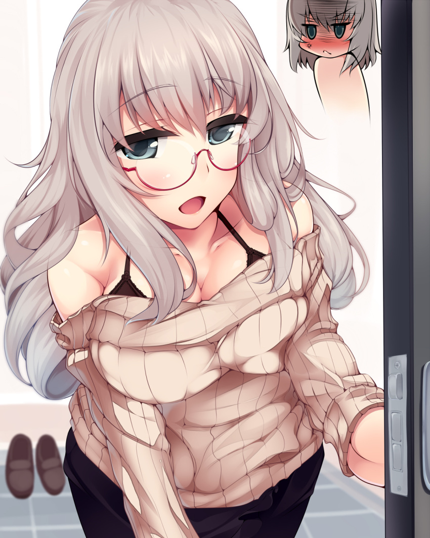 2girls anger_vein angry bangs bare_shoulders black_bra blue_eyes blush bra breasts cleavage collarbone door eyebrows_visible_through_hair girls_und_panzer glasses highres itsumi_erika large_breasts long_hair long_sleeves looking_at_viewer multiple_girls nksk nose_blush off-shoulder_sweater open_mouth opening_door red-framed_eyewear ribbed_sweater semi-rimless_eyewear shoes siblings silver_hair sisters solo_focus sweater under-rim_eyewear underwear