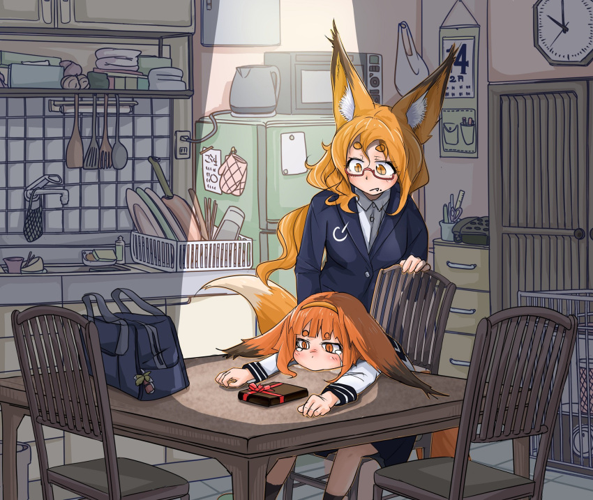 2girls animal_ears bag bangs blank_stare blue_jacket blunt_bangs blush brown_eyes brown_hair business_suit cabinet chair clock collared_shirt commentary_request cutlery desk dishes doitsuken ears_down electric_plug fang_out faucet formal fox_ears fox_tail gift hairband highres indoors jacket long_hair long_sleeves looking_afar microwave mittens mittens_removed mole mole_under_eye multiple_girls note original red-framed_eyewear refrigerator school_bag school_uniform semi-rimless_eyewear serafuku shirt short_eyebrows short_hair shoulder_bag sink slit_pupils spotlight standing suit tail teapot tears thick_eyebrows tissue tissue_box under-rim_eyewear valentine wall_clock white_shirt wing_collar