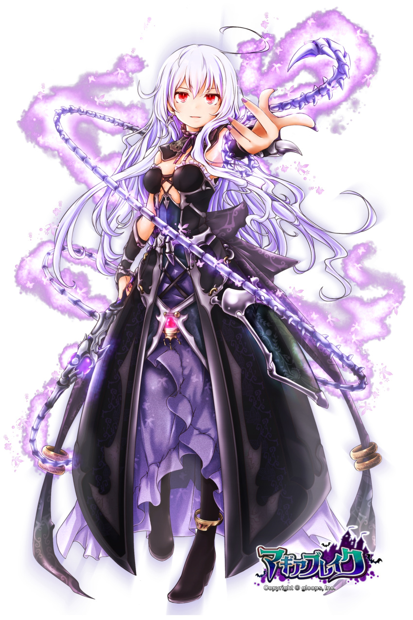 1girl ahoge akino_coto detached_collar dress earrings highres jewelry long_hair looking_at_viewer necromancer official_art original parted_lips reaching_out red_eyes solo strapless strapless_dress transparent_background whip white_hair