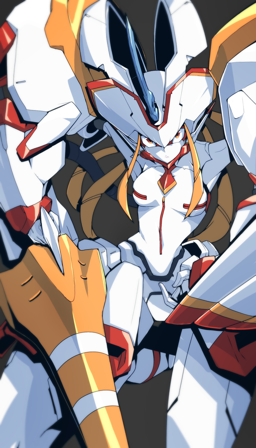 1girl absurdres breasts closed_mouth darling_in_the_franxx facing_away frown grey_background highres holding holding_weapon horn humanoid_robot lance legs_apart lips looking_at_viewer mecha medium_breasts orange_eyes park_bandi pink_lips polearm robot simple_background solo spear standing strelizia weapon