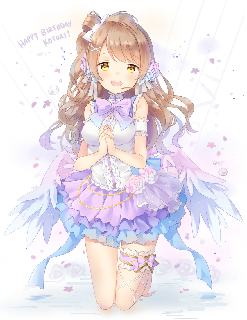 1girl :d barefoot bow bowtie brown_hair commentary dress english english_commentary flower frilled_dress frills hair_flower hair_ornament hands_clasped happy_birthday highres hitsukuya interlocked_fingers kneeling leg_garter long_hair looking_at_viewer love_live! love_live!_school_idol_project microphone minami_kotori open_mouth own_hands_together purple_neckwear smile solo wings yellow_eyes