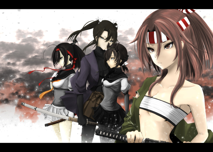 4girls ahoge akizuki_(kantai_collection) alternate_costume anchor_symbol bangs black_bodysuit black_gloves black_hair black_skirt blue_eyes bodysuit breasts brown_eyes brown_hair cleavage closed_eyes clouds cloudy_sky collarbone gloves green_eyes hachimaki hair_between_eyes hair_flaps hair_ornament hair_ribbon hairband half-closed_eyes hand_on_another's_head hand_on_own_chest hatsuzuki_(kantai_collection) headband high_ponytail highres holding holding_sword holding_weapon japanese_clothes kantai_collection katana light_brown_hair light_particles long_hair long_sleeves looking_at_viewer medium_breasts multiple_girls muneate neckerchief off_shoulder pantyhose pleated_skirt ponytail re:shevchenko ribbon sarashi school_uniform serafuku serious sheath sheathed short_hair short_ponytail sidelocks skirt sky small_breasts smile smoke sword tsurime twintails weapon white_skirt wind yellow_eyes zuihou_(kantai_collection) zuikaku_(kantai_collection)