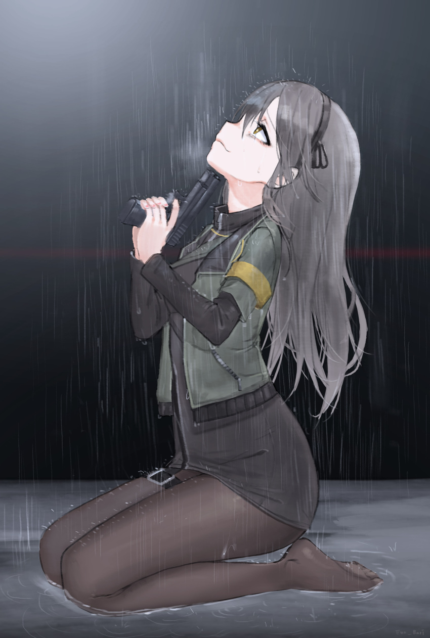 1girl absurdres bags_under_eyes black_hair black_legwear brown_eyes closed_mouth commentary eun_bari eyebrows_visible_through_hair from_side full_body girls_frontline gun hair_between_eyes hairband handgun highres holding holding_gun holding_weapon light_smile long_hair long_sleeves looking_up pantyhose pistol profile rain sitting star star-shaped_pupils symbol-shaped_pupils thigh_strap ump40_(girls_frontline) vest wariza weapon