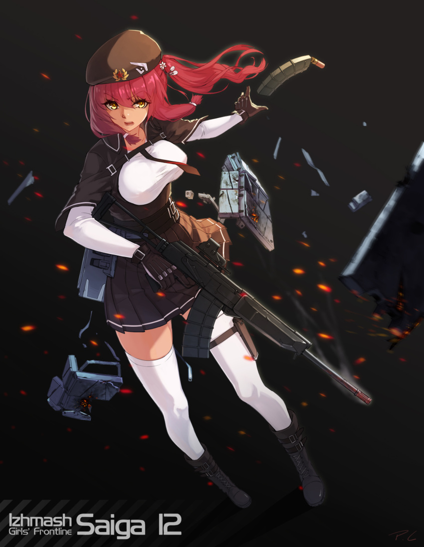 1girl absurdres ammunition_pouch bangs belt belt_buckle beret black_background boots breast_cutout breasts brown_skirt buckle bullet_hole character_name collared_jacket damaged dark_skin exhaust eyebrows_visible_through_hair floating_hair flower girls_frontline gloves gun hair_between_eyes hair_flower hair_ornament hair_ribbon hat highres holding impossible_clothes jacket large_breasts light_particles long_hair long_sleeves looking_at_viewer machinery magazine_(weapon) migime_no_yuugure open_mouth outstretched_hand pleated_skirt purple_hair ribbon rigging saiga-12 saiga-12_(girls_frontline) shield shirt shotgun_shells side_ponytail sidelocks signature simple_background skirt smoke smoke_trail solo strap thigh-highs thigh_strap thighs throwing tress_ribbon trigger_discipline twintails weapon white_legwear white_shirt wrist_straps yellow_eyes
