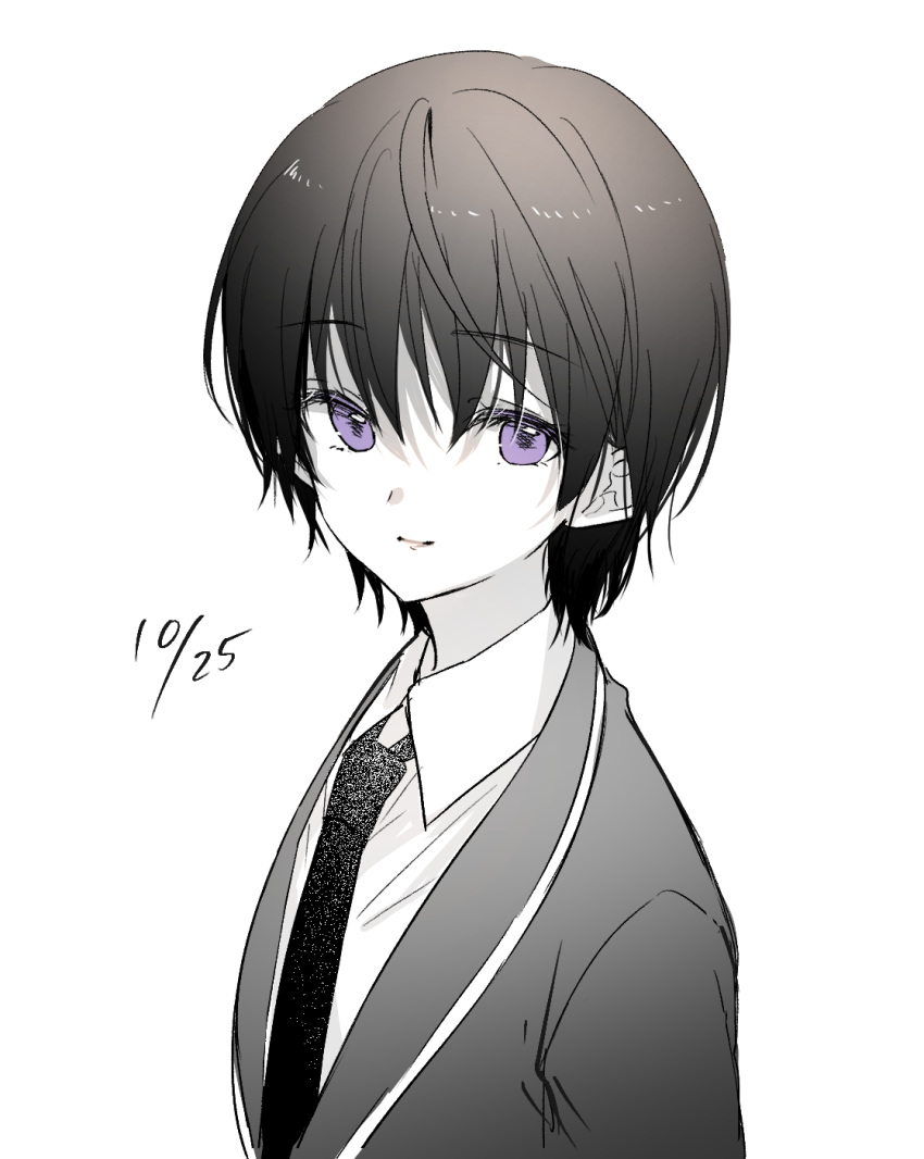bangs blazer character_request closed_mouth collared_shirt dated eyebrows_visible_through_hair gakuen_alice hair_between_eyes highres jacket looking_at_viewer monochrome necktie ouri_(aya_pine) school_uniform shirt simple_background smile upper_body violet_eyes white_background