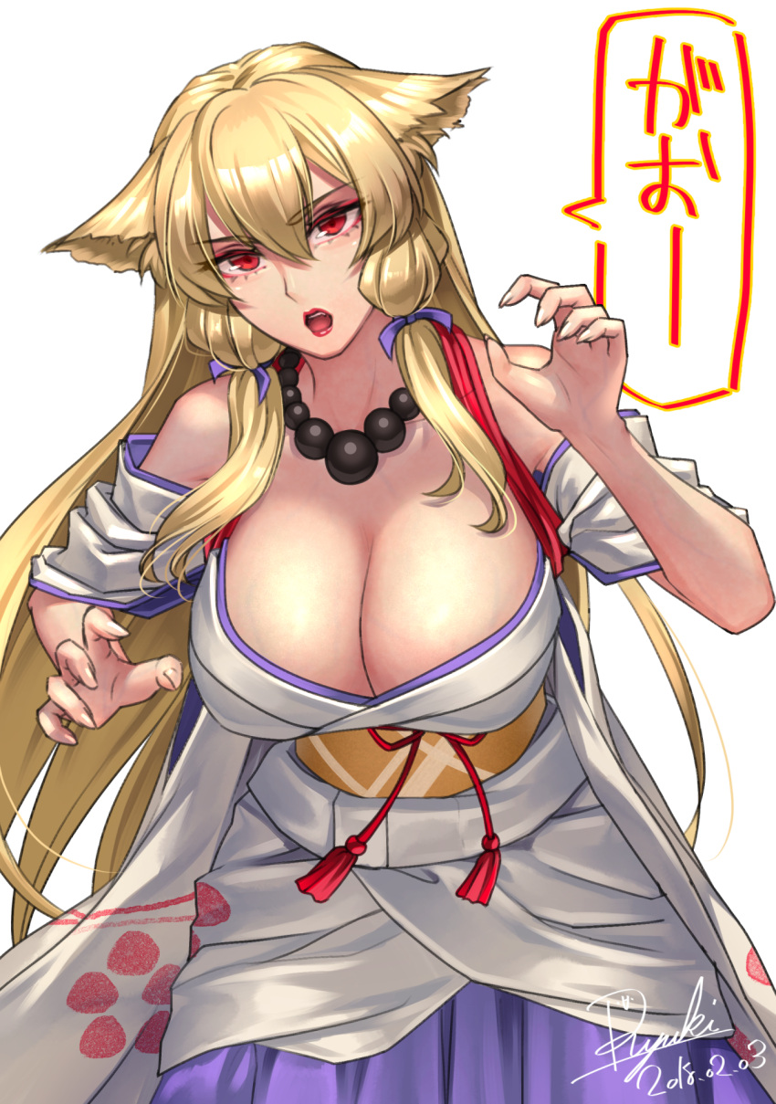1girl animal_ears bare_shoulders bead_necklace beads blush breasts cleavage eyeliner highres jewelry lipstick long_hair looking_at_viewer makeup necklace off_shoulder open_mouth original red_eyes red_lipstick ryuki@maguro-ex simple_background solo teeth veins veiny_breasts white_background