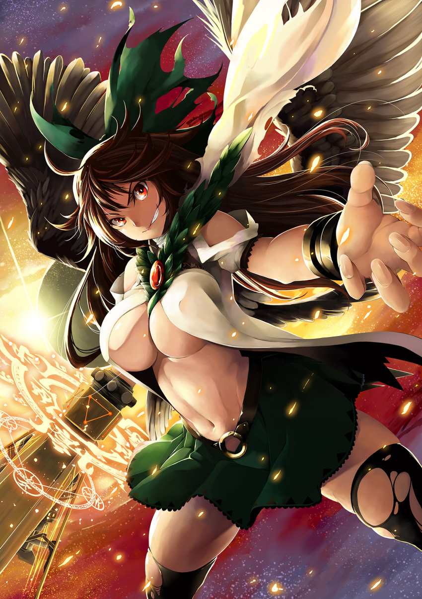1girl bangs belt black_legwear bow bracer breasts brown_hair commentary_request cowboy_shot dutch_angle feathered_wings fingernails green_skirt grin hair_bow highres holding holding_weapon ishida_kazuma legs_apart light_particles long_hair looking_at_viewer midriff navel no_bra open_clothes reaching_out red_eyes reiuji_utsuho shirt short_sleeves skirt smile standing sun sword thigh-highs torn_clothes torn_hair_ribbon torn_thighhighs touhou under_boob weapon white_shirt wings zettai_ryouiki