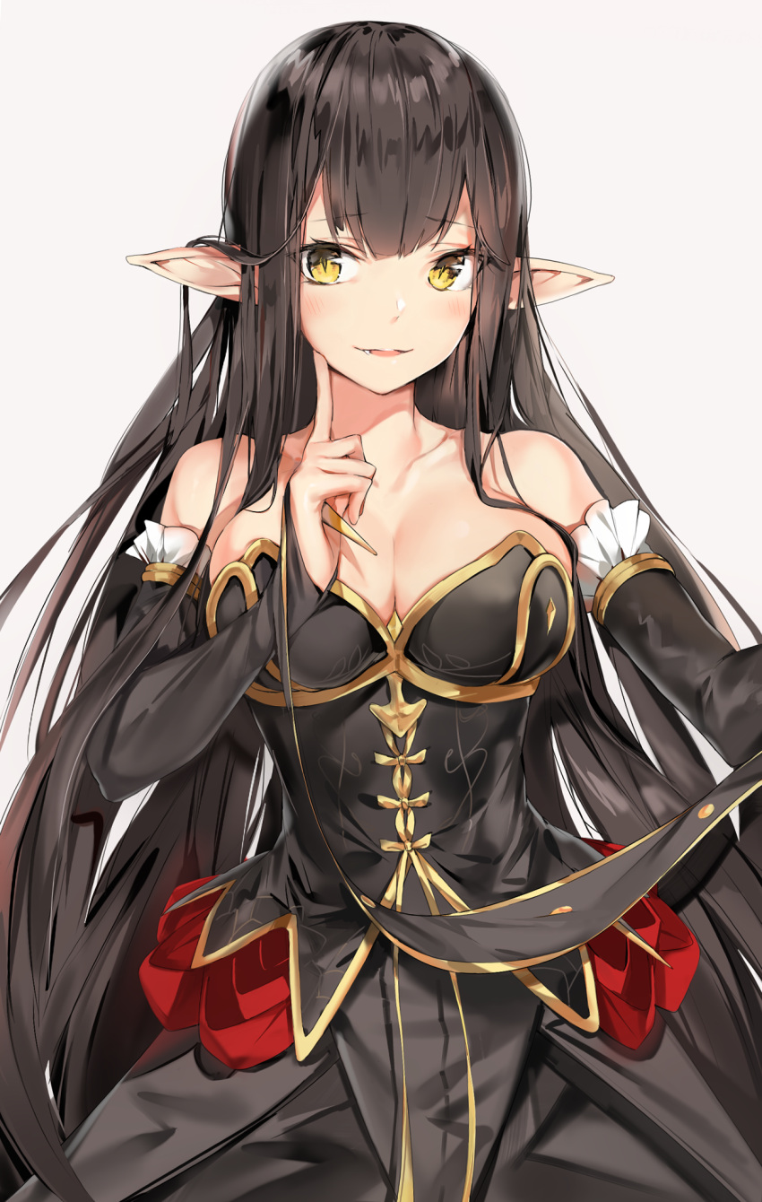 1girl bangs bare_shoulders black_dress black_hair blush breasts cleavage collarbone commentary_request detached_sleeves dress eyebrows_visible_through_hair fang fate/grand_order fate_(series) fingernails grey_background hand_up highres index_finger_raised large_breasts long_hair long_sleeves looking_at_viewer parted_lips pointy_ears semiramis_(fate) silver_(chenwen) simple_background smile solo spikes strapless strapless_dress very_long_hair yellow_eyes