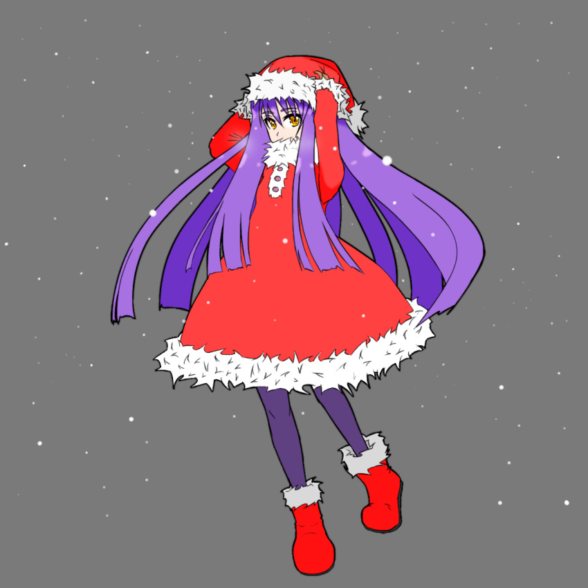 1girl beatrice_(wild_arms) breasts christmas commentary_request dress highres long_hair pantyhose purple_hair sam42 simple_background solo wild_arms wild_arms_3 winter_clothes