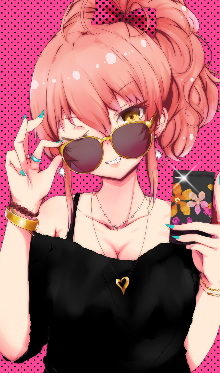 1girl absurdres bare_shoulders blue_nails blush bow bracelet breasts cellphone cleavage earrings grin hair_bow highres idolmaster idolmaster_cinderella_girls jewelry jougasaki_mika looking_at_viewer nail_polish necklace one_eye_closed phone pink_hair ring ryuu. side_ponytail smartphone smile solo sunglasses yellow_eyes