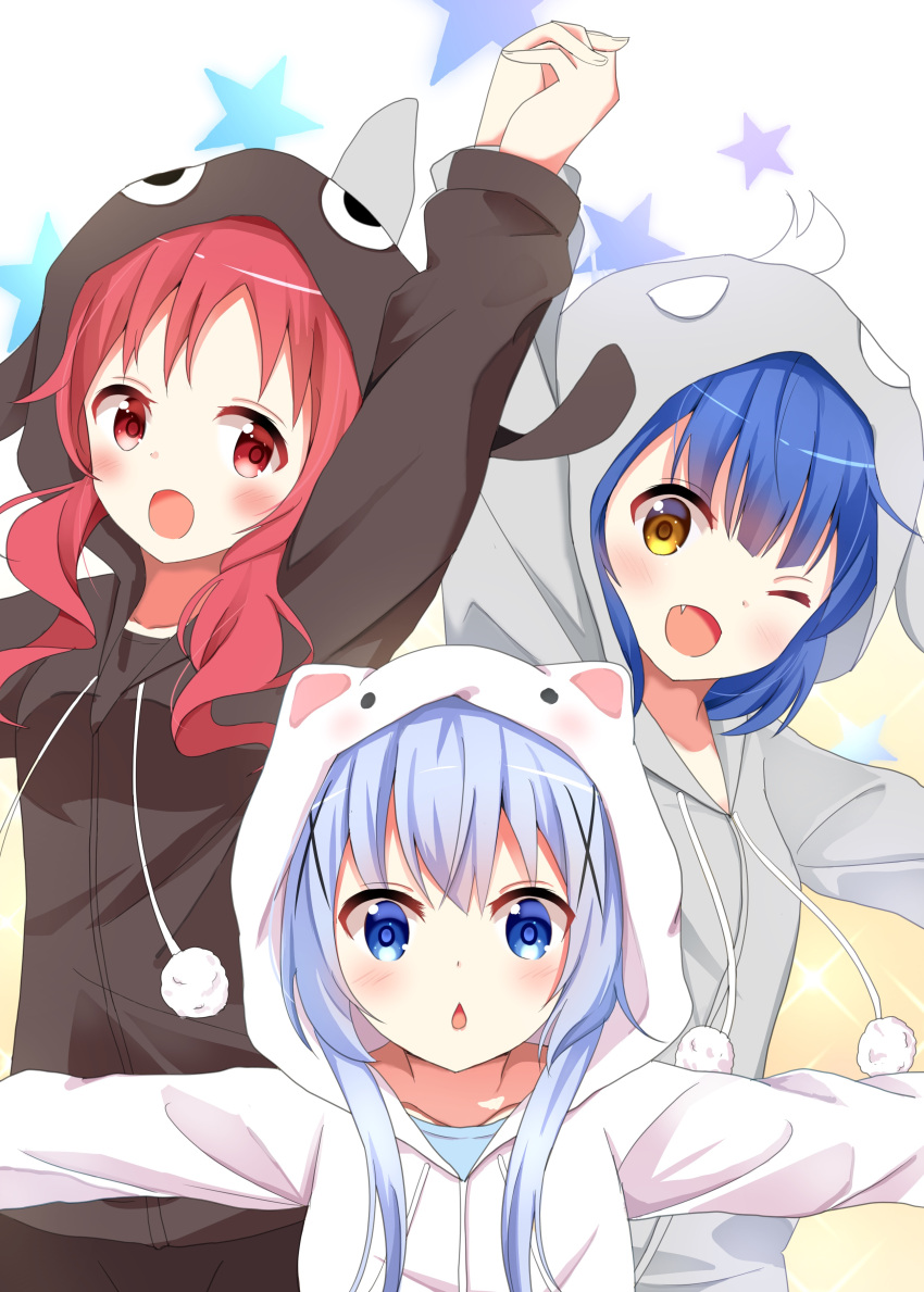 3girls :o ;d absurdres animal_hood arm_up blue_eyes blue_hair blush commentary_request fang gochuumon_wa_usagi_desu_ka? hair_ornament highres hood jouga_maya kafuu_chino kousaka_nobaku looking_at_viewer multiple_girls natsu_megumi one_eye_closed open_mouth outstretched_arms pajamas red_eyes redhead smile star starry_background x_hair_ornament yellow_eyes