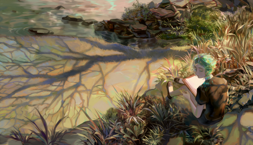 androgynous clipboard closed_eyes gem_uniform_(houseki_no_kuni) grass green_hair houseki_no_kuni outdoors phosphophyllite scenery short_hair sitting solo water