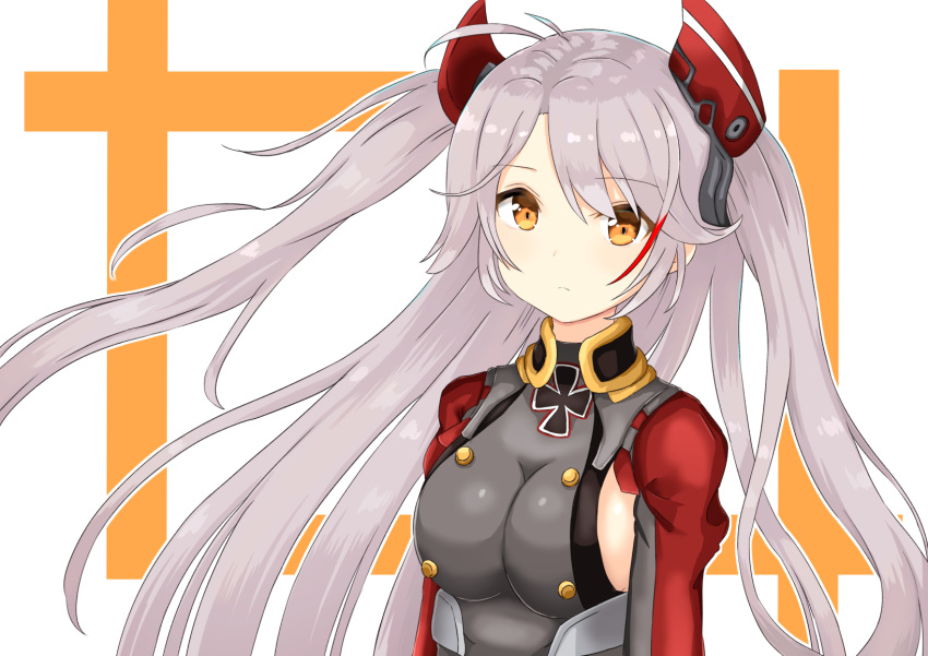 1girl antenna_hair arms_at_sides azur_lane bangs breasts commentary_request expressionless hayashi_maka headgear highres long_hair looking_at_viewer military military_uniform parted_bangs prinz_eugen_(azur_lane) purple_hair sideboob standing uniform upper_body yellow_eyes