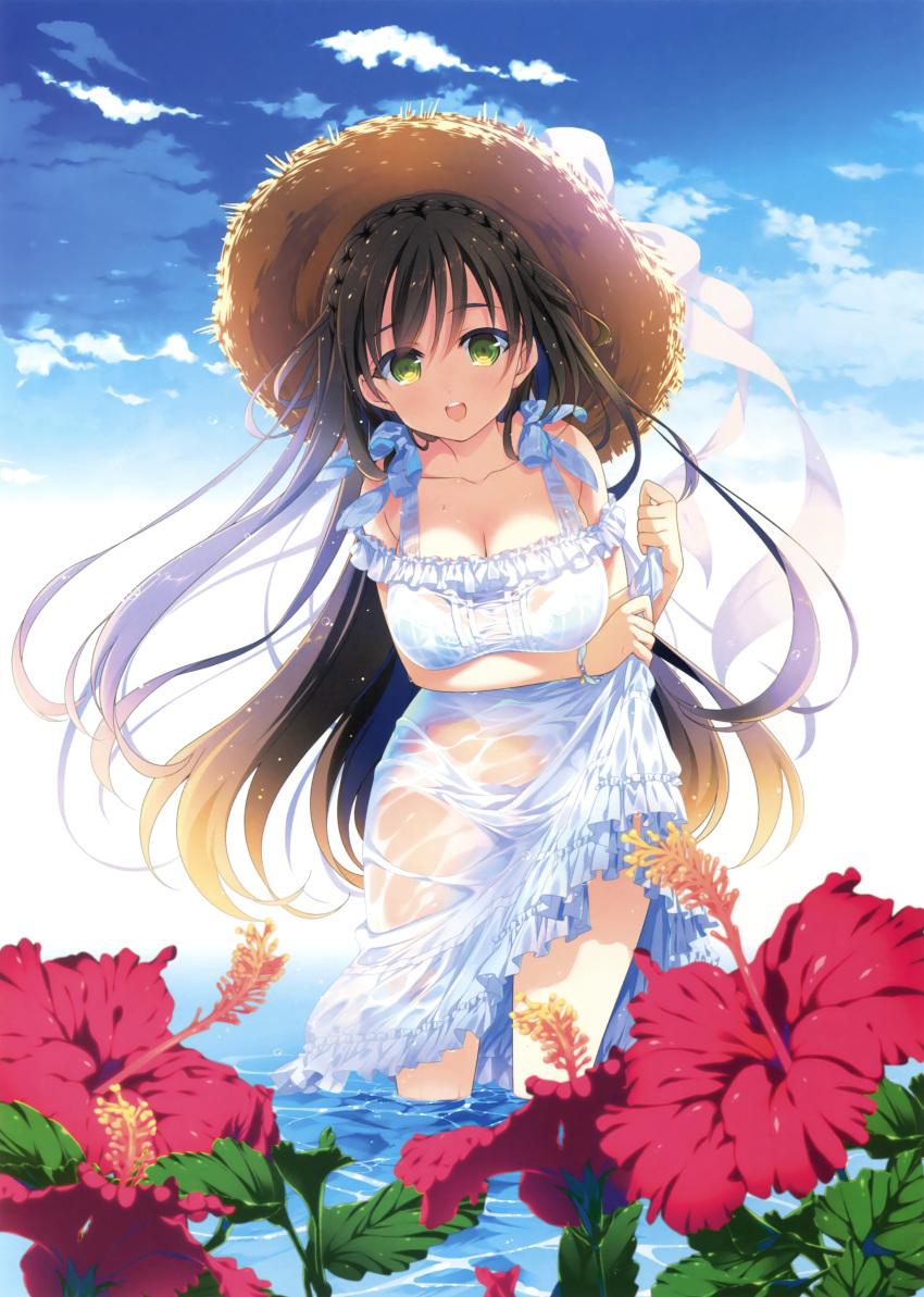 1girl :d absurdres black_hair blue_sky bra braid breasts cleavage crown_braid day dress dress_lift flower green_eyes hat highres large_breasts long_hair looking_at_viewer mizuno_(suisuiw) open_mouth original outdoors panties scan see-through sky smile solo standing straw_hat sun_hat sundress underwear very_long_hair wading wet wet_clothes wet_dress white_dress
