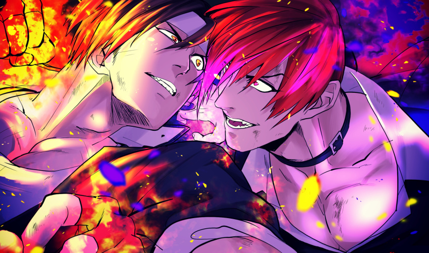 2boys brown_hair confrontation fighting fire gakuran headband highres kusanagi_kyou multiple_boys purple_fire pyrokinesis redhead school_uniform teeth the_king_of_fighters yagami_iori