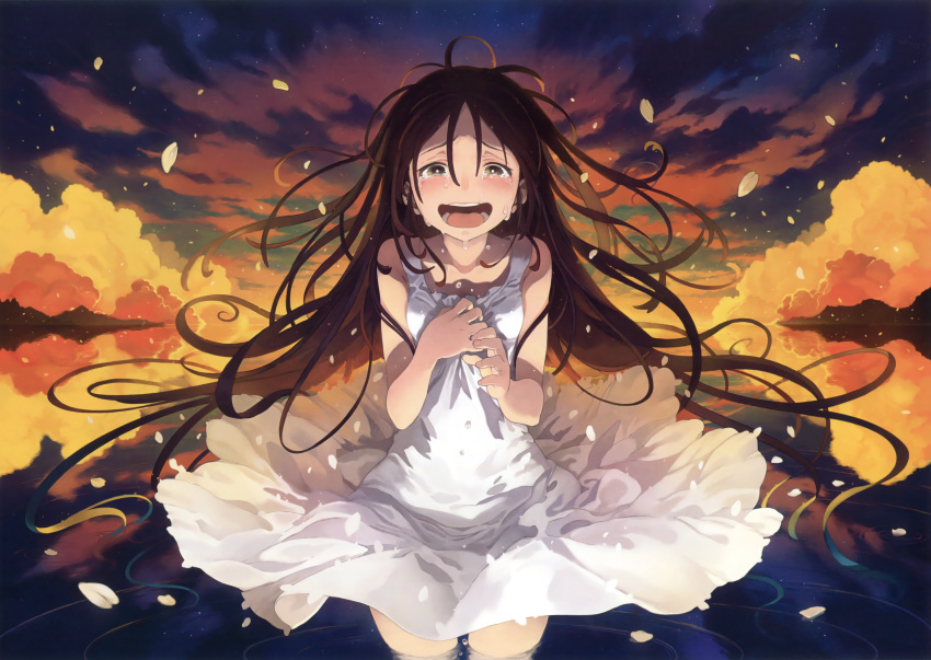 1girl :d absurdres blush brown_eyes brown_hair clouds collarbone crying crying_with_eyes_open dress dress_grab eyebrows_visible_through_hair furrowed_eyebrows highres long_hair looking_at_viewer morino_hon open_mouth original partially_submerged petals ripples scan sky sleeveless sleeveless_dress smile solo sunrise sunset tears very_long_hair water white_dress