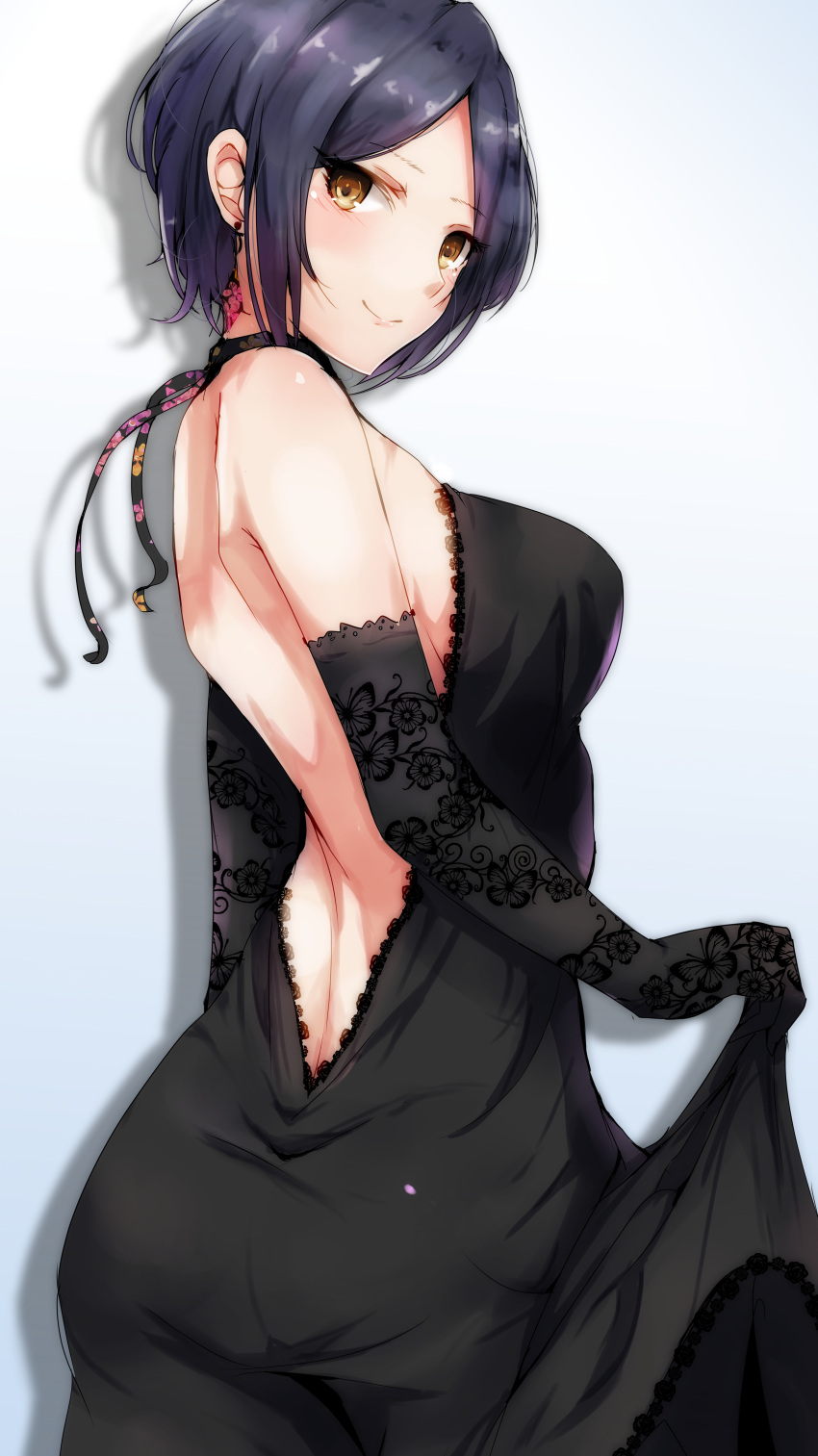 1girl absurdres back backless_outfit bangs bare_shoulders black_dress black_gloves blue_hair breasts closed_mouth commentary_request dress earrings elbow_gloves floral_print from_behind gloves grey_background halterneck hayami_kanade highres idolmaster idolmaster_cinderella_girls jewelry looking_at_viewer looking_back looking_to_the_side medium_breasts open-back_dress parted_bangs ryuu. shadow short_hair simple_background skirt_hold smile solo yellow_eyes