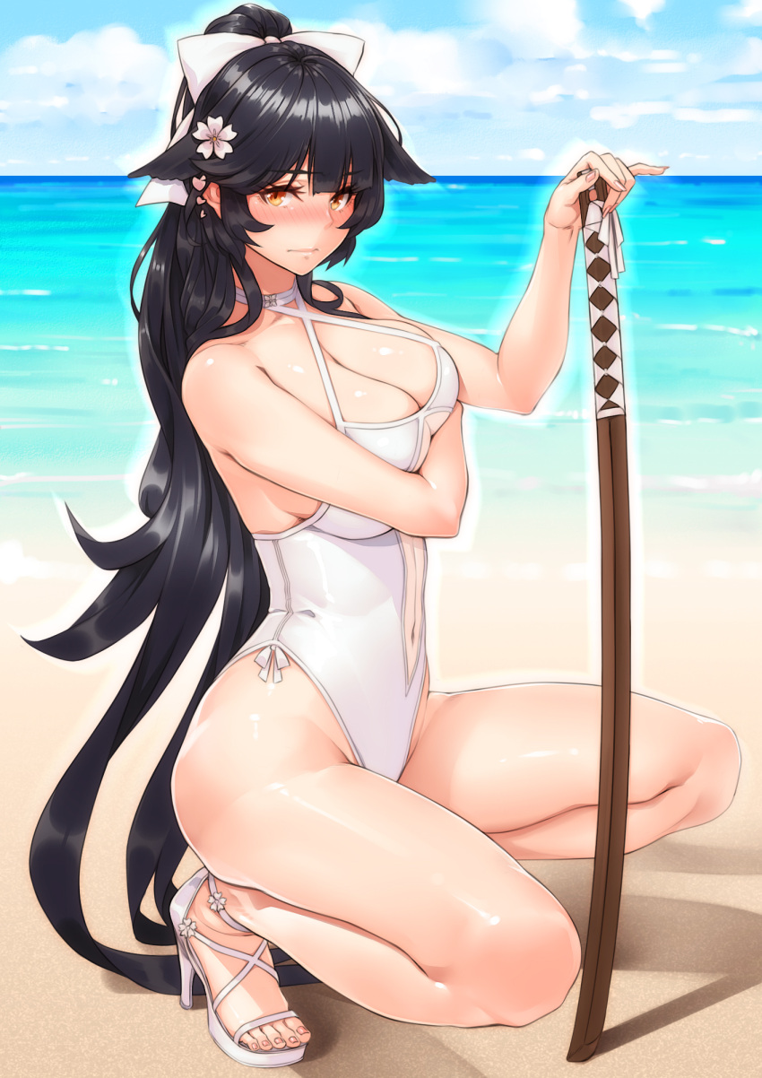 1girl azur_lane bare_arms bare_shoulders beach black_hair blush bokken bow breasts brown_eyes casual_one-piece_swimsuit cleavage closed_mouth criss-cross_halter day full_body hair_bow hair_flaps hair_ribbon halterneck hayama_kazusa high_ponytail highleg highleg_swimsuit highres holding holding_sword holding_weapon horizon light_frown long_hair looking_at_viewer navel nose_blush ocean one-piece_swimsuit open_toe_shoes outdoors ponytail ribbon shadow shiny shiny_hair shiny_skin solo squatting straight_hair swimsuit sword takao_(azur_lane) toes very_long_hair weapon white_bow white_ribbon white_swimsuit wooden_sword