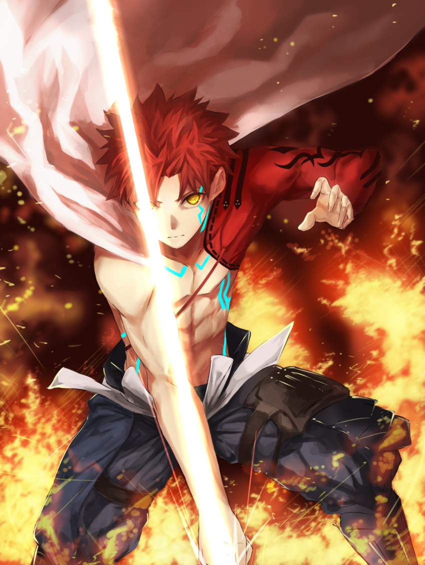 1boy abs black_pants cape closed_mouth cropped_legs emiya_shirou fate/grand_order fate_(series) glowing_tattoo herigaru_(fvgyvr000) highres holding holding_sword holding_weapon igote limited/zero_over looking_at_viewer male_focus pants redhead serious single_bare_shoulder solo sword tattoo weapon white_cape yellow_eyes