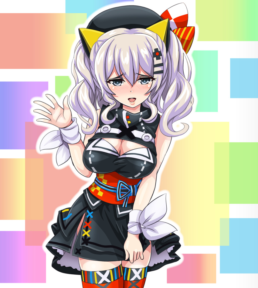 1girl :d alternate_costume bangs bare_shoulders beret blush breasts cleavage commentary_request cosplay cowboy_shot curly_hair eyebrows grey_eyes hair_between_eyes hair_ornament hairpin hat highres kaguya_luna kaguya_luna_(character) kaguya_luna_(character)_(cosplay) kantai_collection kashima_(kantai_collection) lipstick long_hair look-alike looking_at_viewer makeup open_mouth outline silver_hair sleeveless smile solo thigh-highs tk8d32 twintails waving white_outline zettai_ryouiki