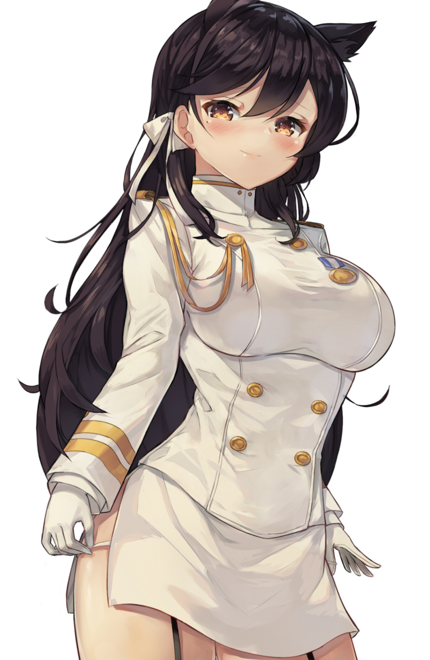 1girl animal_ears atago_(azur_lane) azur_lane bangs black_hair blush breasts brown_eyes flower garter_straps hair_flower hair_ornament highres large_breasts long_hair military military_uniform mole mole_under_eye motokonut pencil_skirt ribbon skirt smile solo swept_bangs uniform white_ribbon