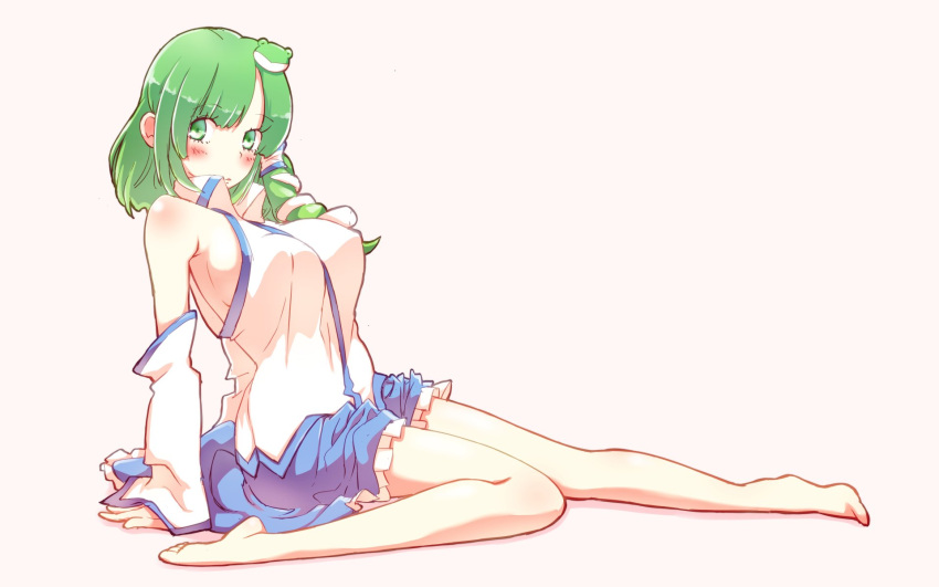 1girl arm_support bangs bare_shoulders bent_knee blue_skirt blush breasts commentary detached_sleeves frog_hair_ornament full_body green_eyes green_hair hair_ornament highres kochiya_sanae large_breasts looking_at_viewer medium_hair non_(z-art) nontraditional_miko parted_bangs shirt sideboob simple_background sitting skirt skirt_up sleeveless snake_hair_ornament solo touhou white_shirt