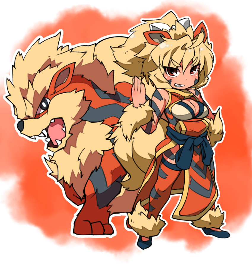 animal_ears arcanine bare_shoulders blue_footwear breasts brown_eyes cleavage cleavage_cutout dog_ears dog_tail dress eyebrows_visible_through_hair fukurou_(owl222) fur_trim grin highres large_breasts pelvic_curtain personification pokemon pokemon_(creature) ponytail red_background red_dress red_eyes red_legwear sash sharp_teeth shoes short_hair smile solo standing tail tattoo teeth thigh-highs v-shaped_eyebrows