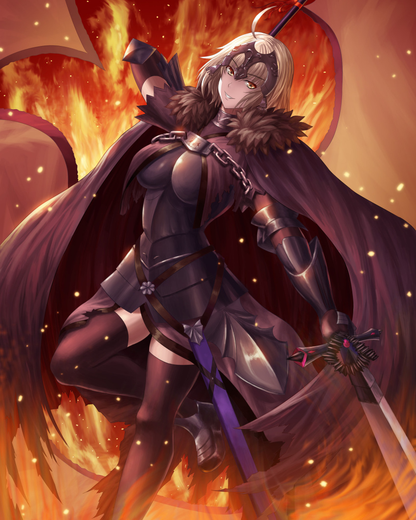 1girl absurdres ahoge arm_behind_back armor bent_knee black_gloves black_legwear blonde_hair boots breasts cape capelet chains cowboy_shot elbow_gloves fate/grand_order fate_(series) faulds fire fujifuji924 gauntlets gloves headgear highres holding holding_weapon janne_d'arc jeanne_d'arc_(alter)_(fate) jeanne_d'arc_(fate) jeanne_d'arc_(fate)_(all) jeanne_d'arc_(grimms_notes) one_leg_raised sheath short_hair smile standing sword thigh-highs weapon yellow_eyes zettai_ryouiki