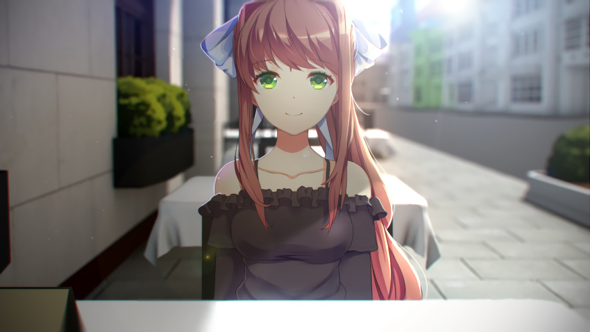 1girl arms_at_sides bangs bare_shoulders black_dress blurry blurry_background bow breasts brown_hair casual chair closed_mouth collarbone commentary day doki_doki_literature_club dress eyebrows_visible_through_hair frilled_dress frills green_eyes hair_bow highres lens_flare light_particles long_hair long_sleeves looking_at_viewer medium_breasts monika_(doki_doki_literature_club) outdoors ponytail sidelocks sitting smile solo sunlight table tablecloth tagme tsukimaru upper_body white_bow